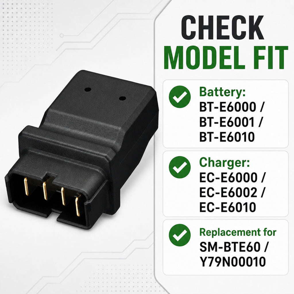 Check Your Models Before Ordering
Compatible with BT-E6000, BT-E6001, BT-E6010 batteries and EC-E6000, EC-E6002, EC-E6010 charger setups.