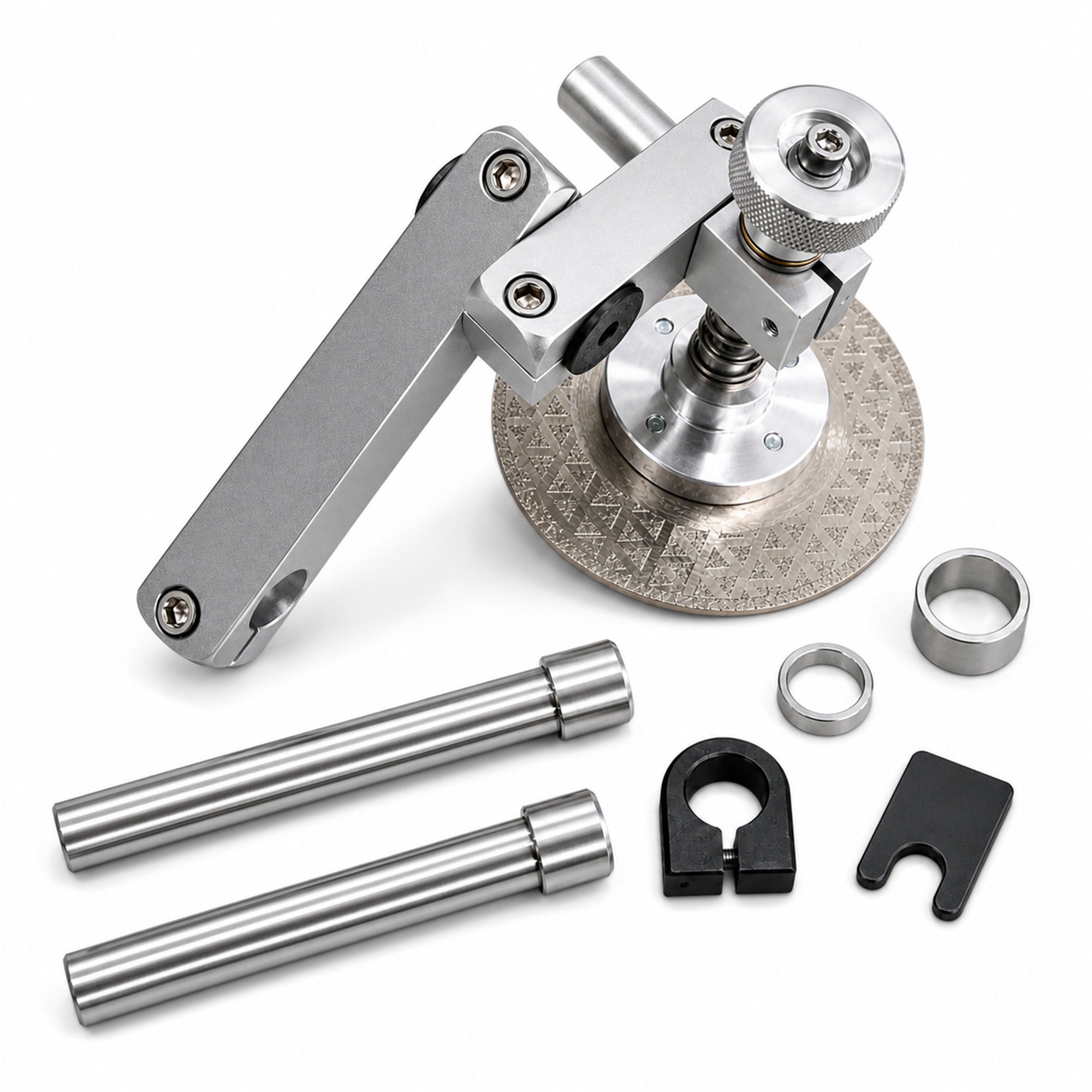 Bike disc brake mount facing tool kit with full accessories on white background