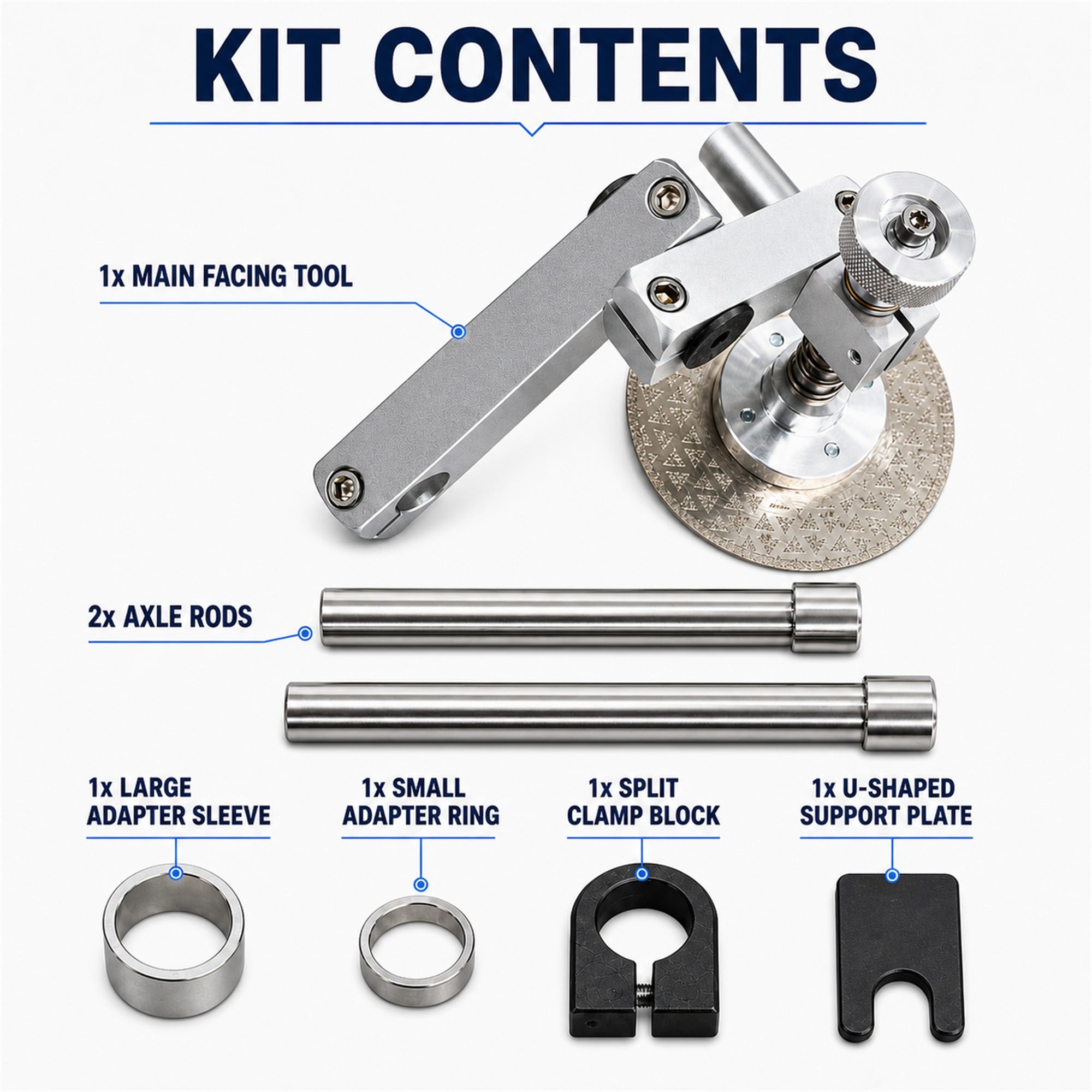 Disc brake facing tool kit contents including axle rods, adapter sleeves, clamp block, and support plate