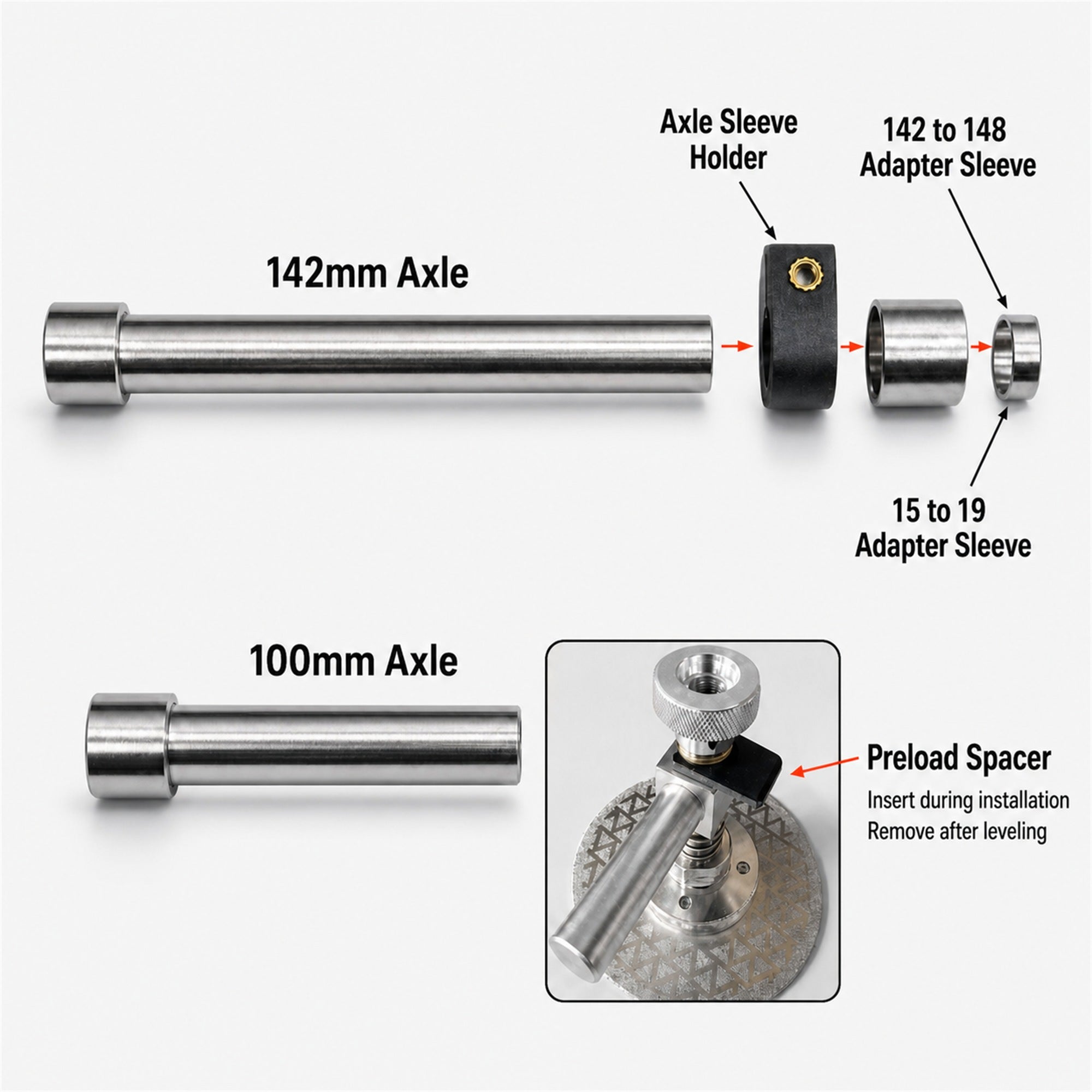 100mm and 142mm axle rods with adapter sleeves for disc brake facing too