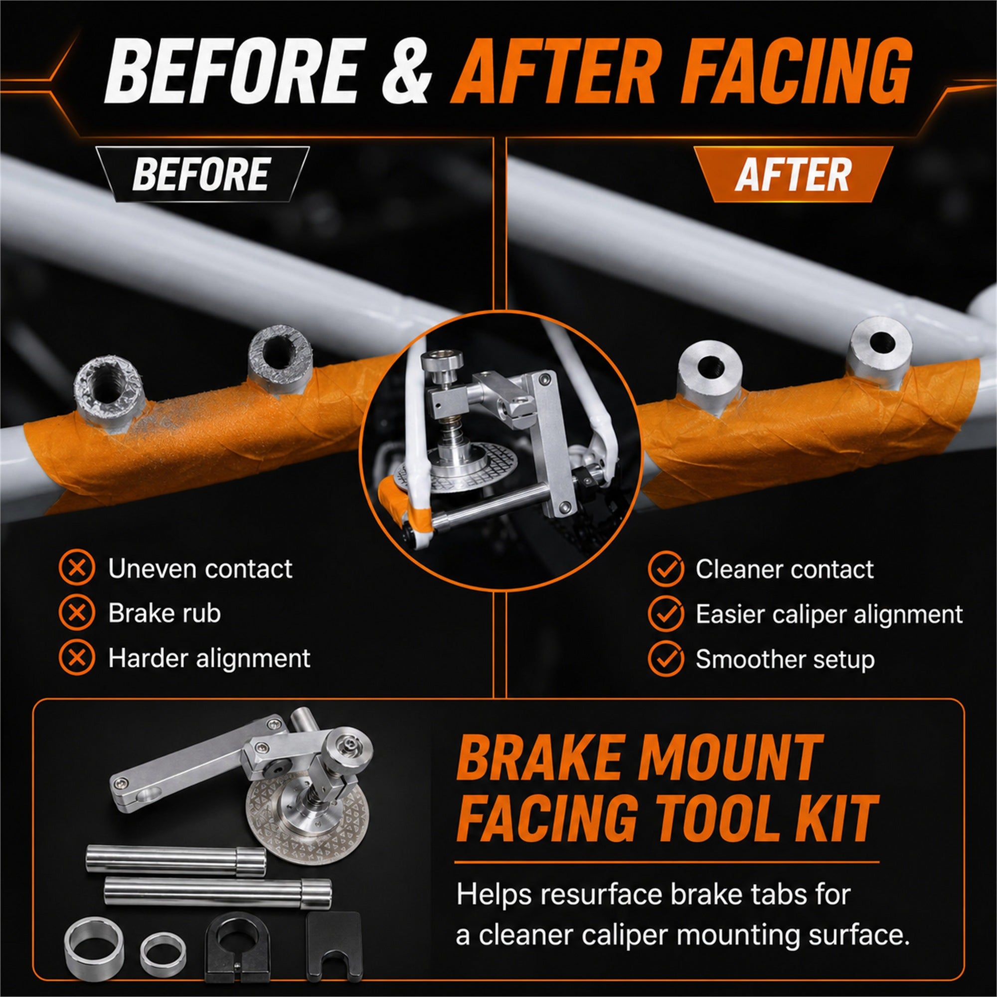 Before and after resurfacing uneven bicycle disc brake mounting tabs