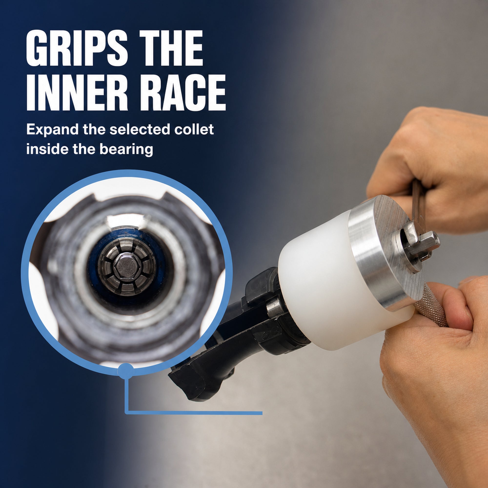 Expanding collet gripping the inner race of a bicycle hub bearing