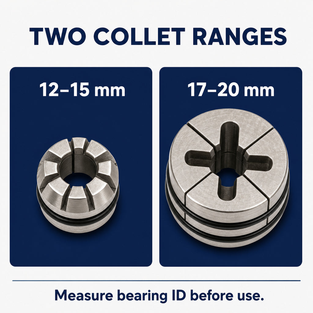 Two expanding bearing puller collets for 12-15 mm and 17-20 mm IDs