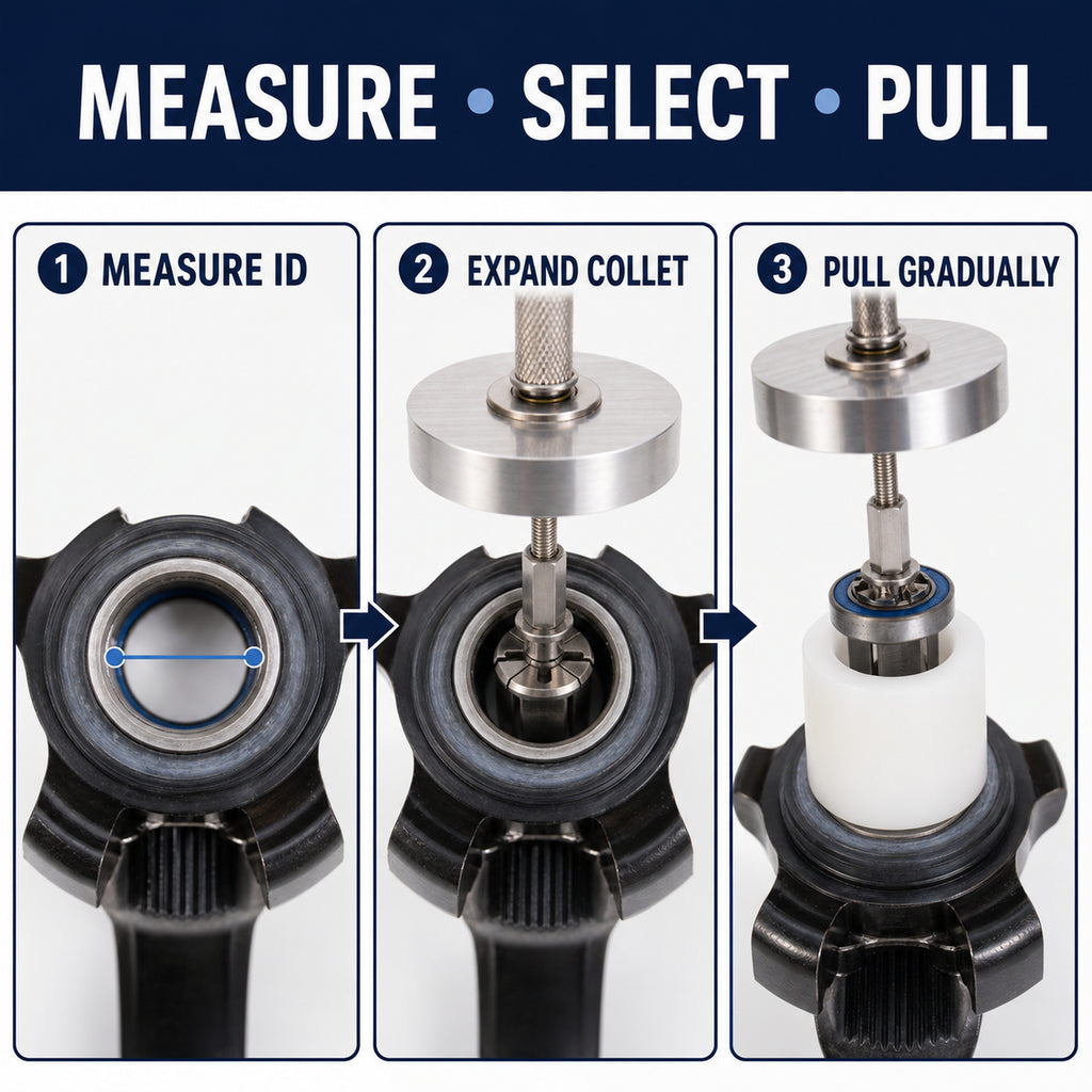 Three-step bicycle hub bearing removal: measure, select collet and pull