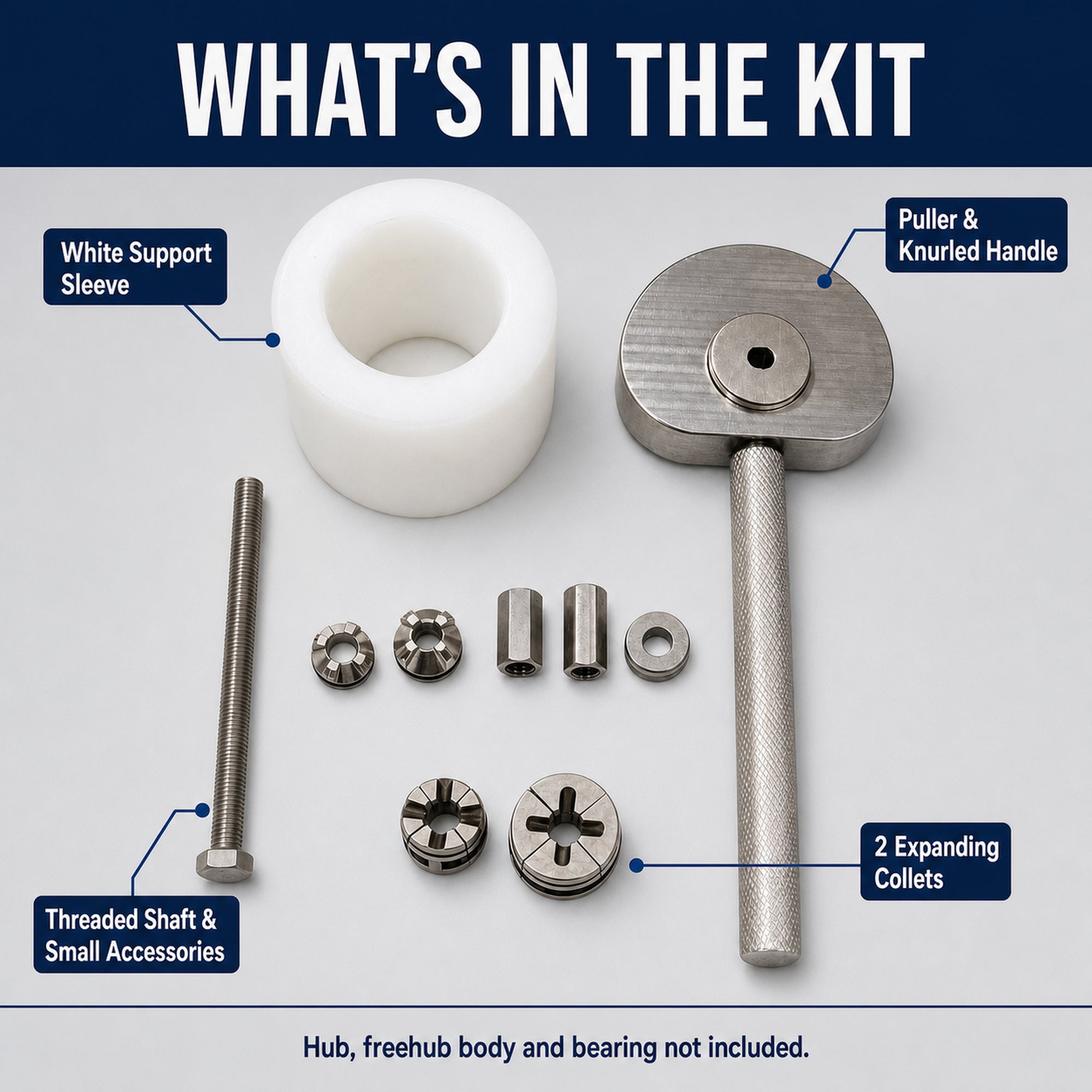 Bicycle hub bearing puller kit with support sleeve, collets, shaft and accessories