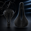 black 3D printed carbon fiber bike saddle with honeycomb surface