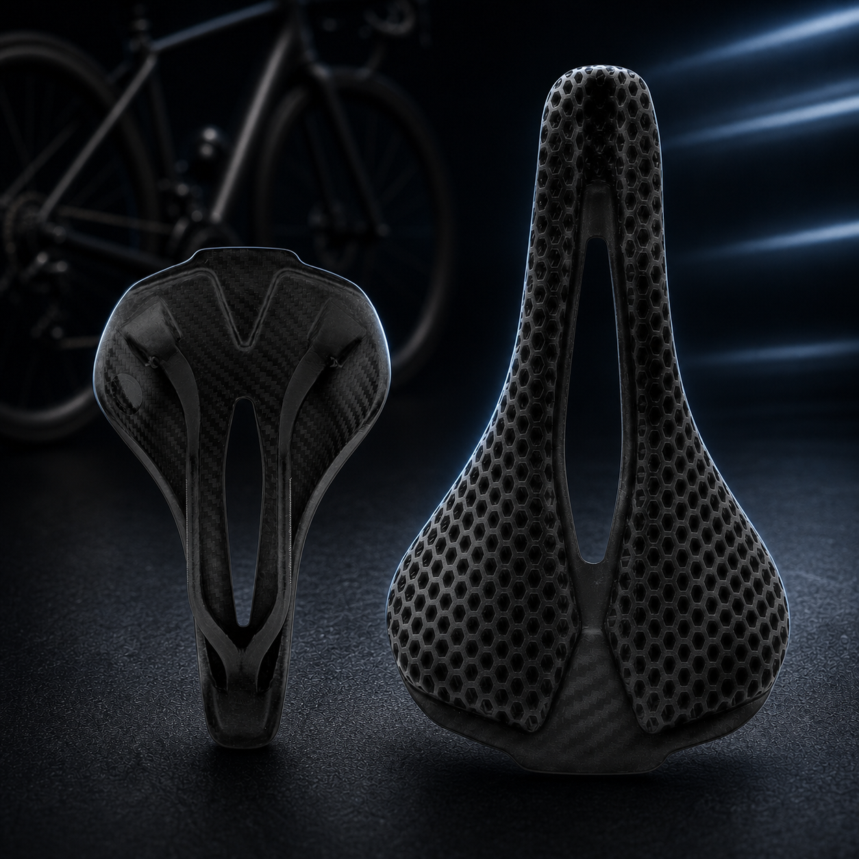 black 3D printed carbon fiber bike saddle with honeycomb surface