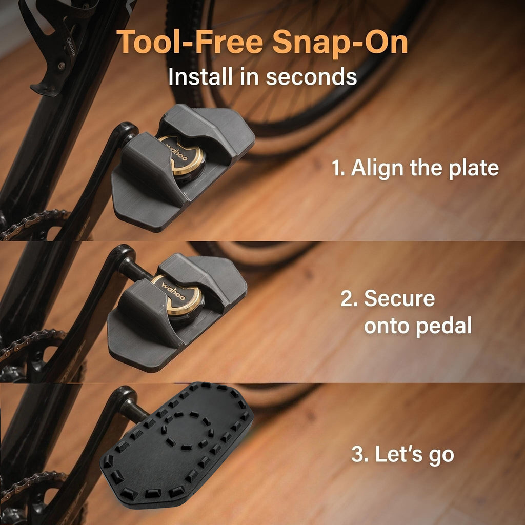 Three-step installation of a flat pedal adapter on a Wahoo Speedplay pedal